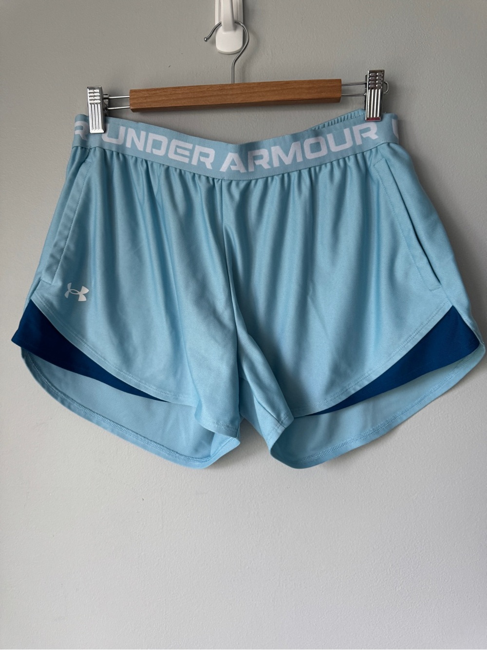 Under Armour Light Blue Athletic Shorts with Navy Inserts